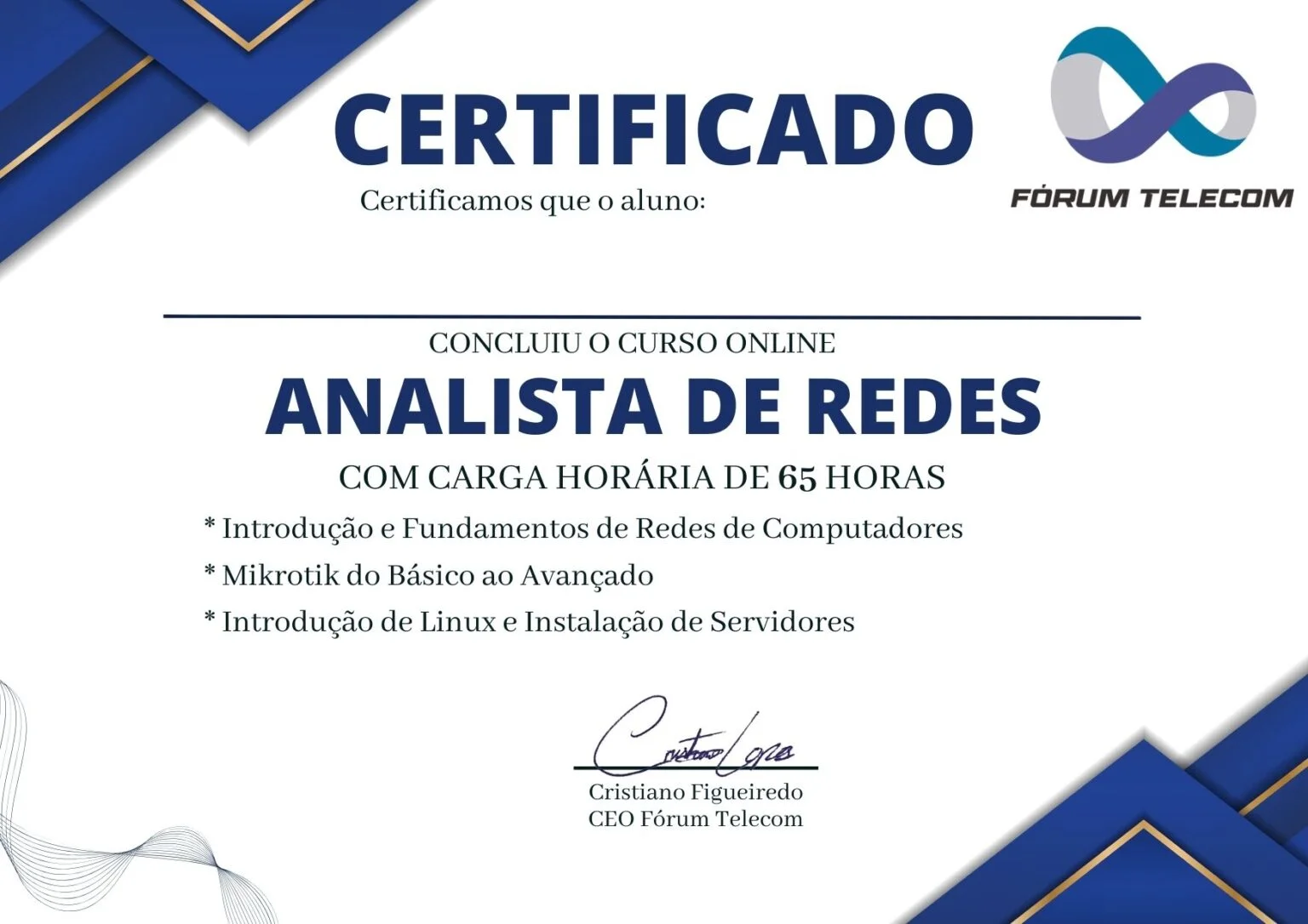 Certificado Analista de Redes Fórum Telecom